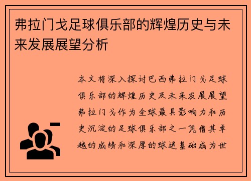 弗拉门戈足球俱乐部的辉煌历史与未来发展展望分析